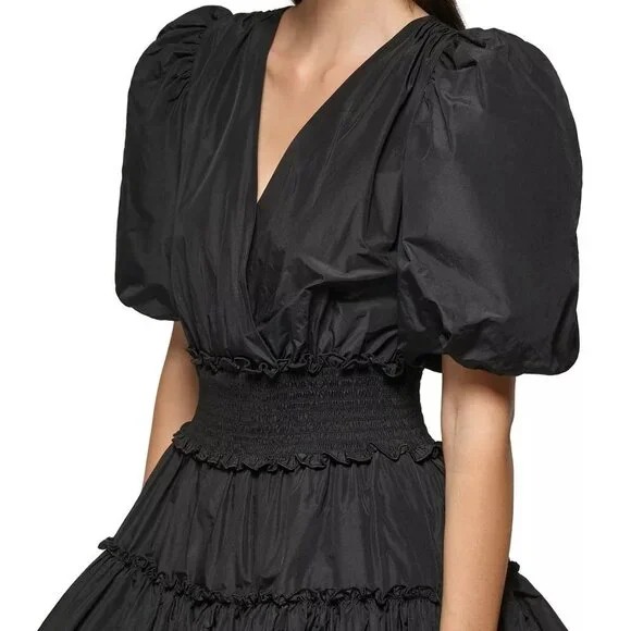 ☆☆SOLD☆☆ Karl Lagerfeld Paris Women's Puff-Sleeve Black Taffeta A-Line Dress - Picture 3 of 10
